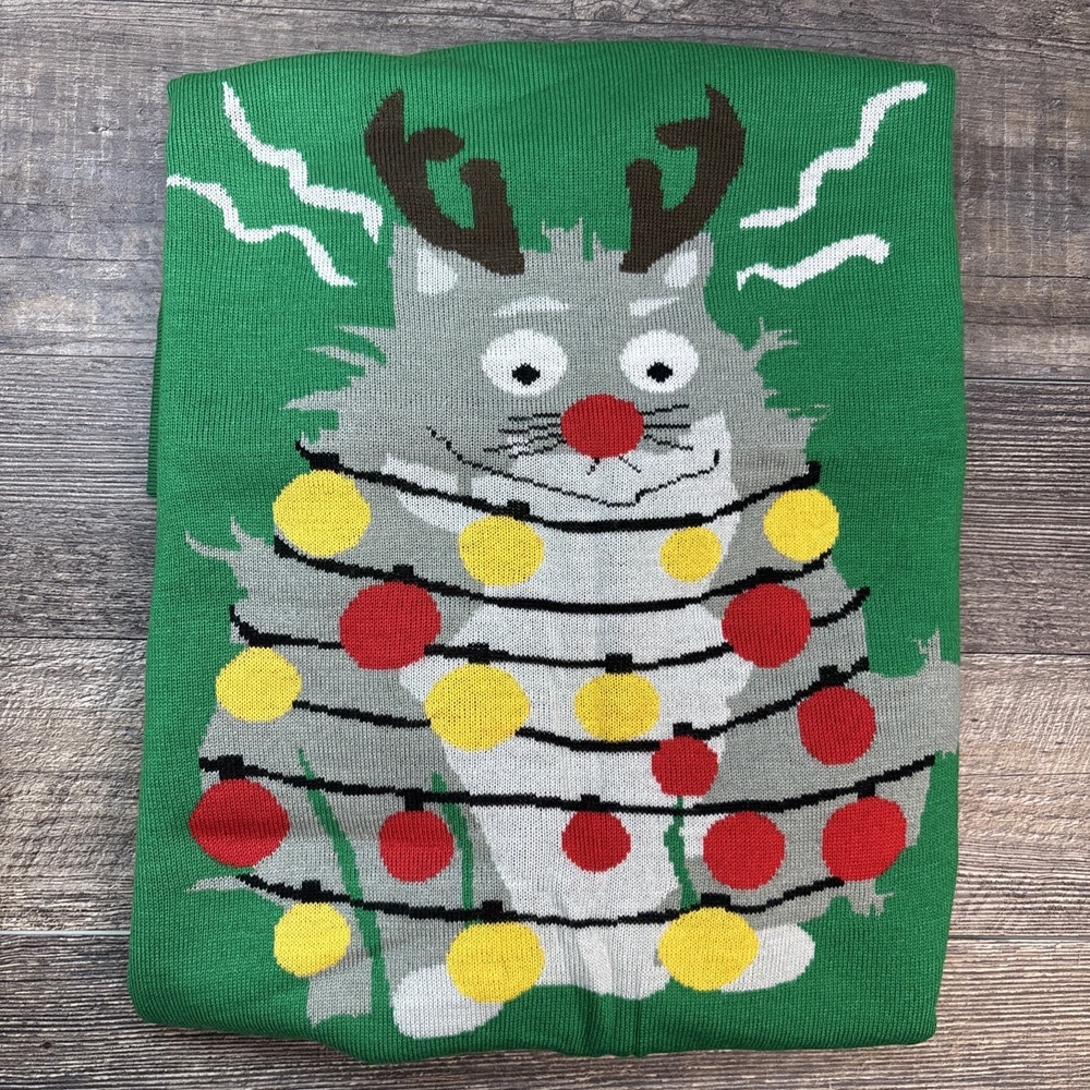 Tipsy Elves Women's Small Electrocuted‎ Cat Christmas Sweater Holiday Green Ugly